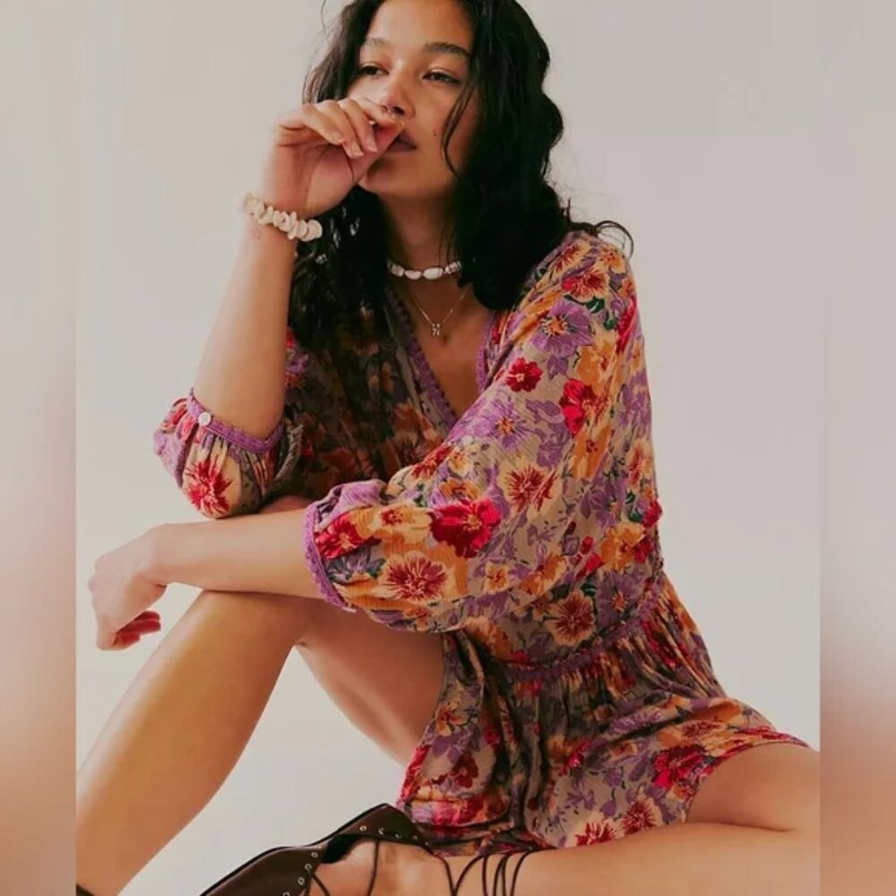 Free People Sweet Dreams Mini Dress Deep V Babydoll Boho Swing Floral Lace M - Picture 6 of 9
